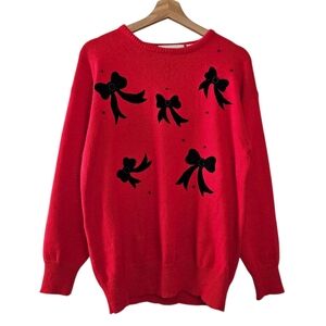 Dana Scott Vintage Red Sweater With Black Velvet Bows And Beads